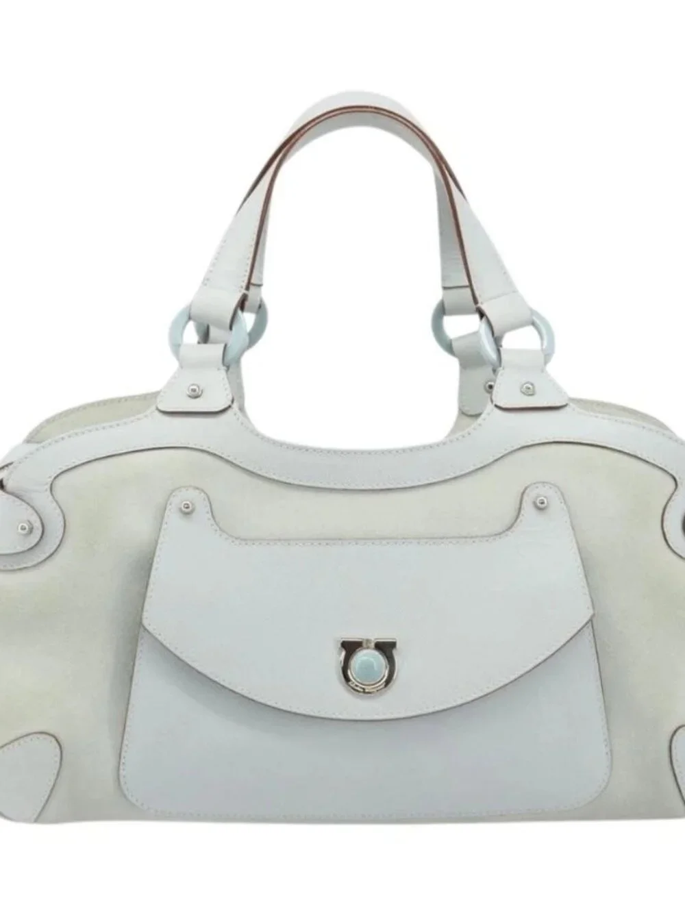 Salvatore Ferragamo Hand Bag Suede Leather Light Blue Silver Auth ka4819A
